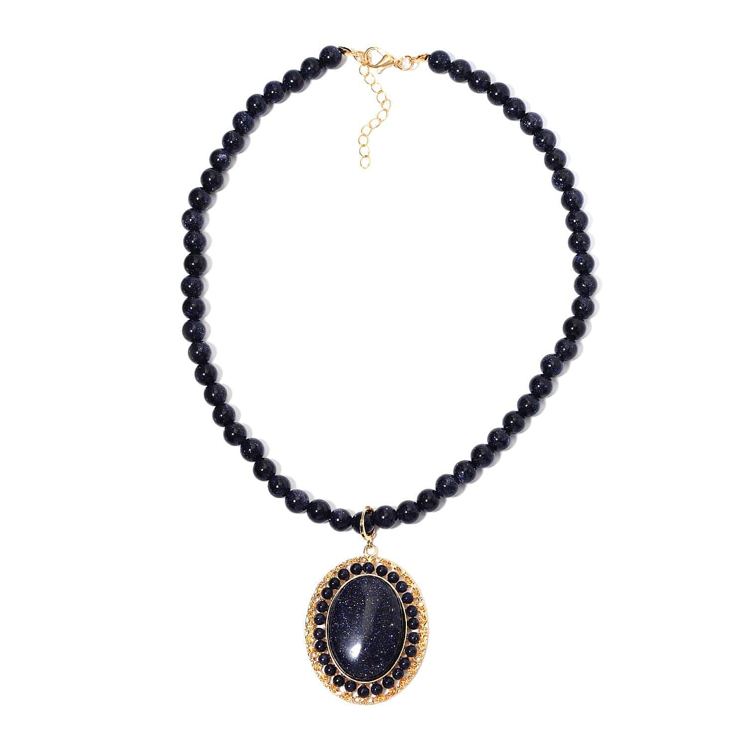 Blue Sandstone 268.05 ctw Halo Pendant with Beaded Necklace in Goldtone 18-20 Inches