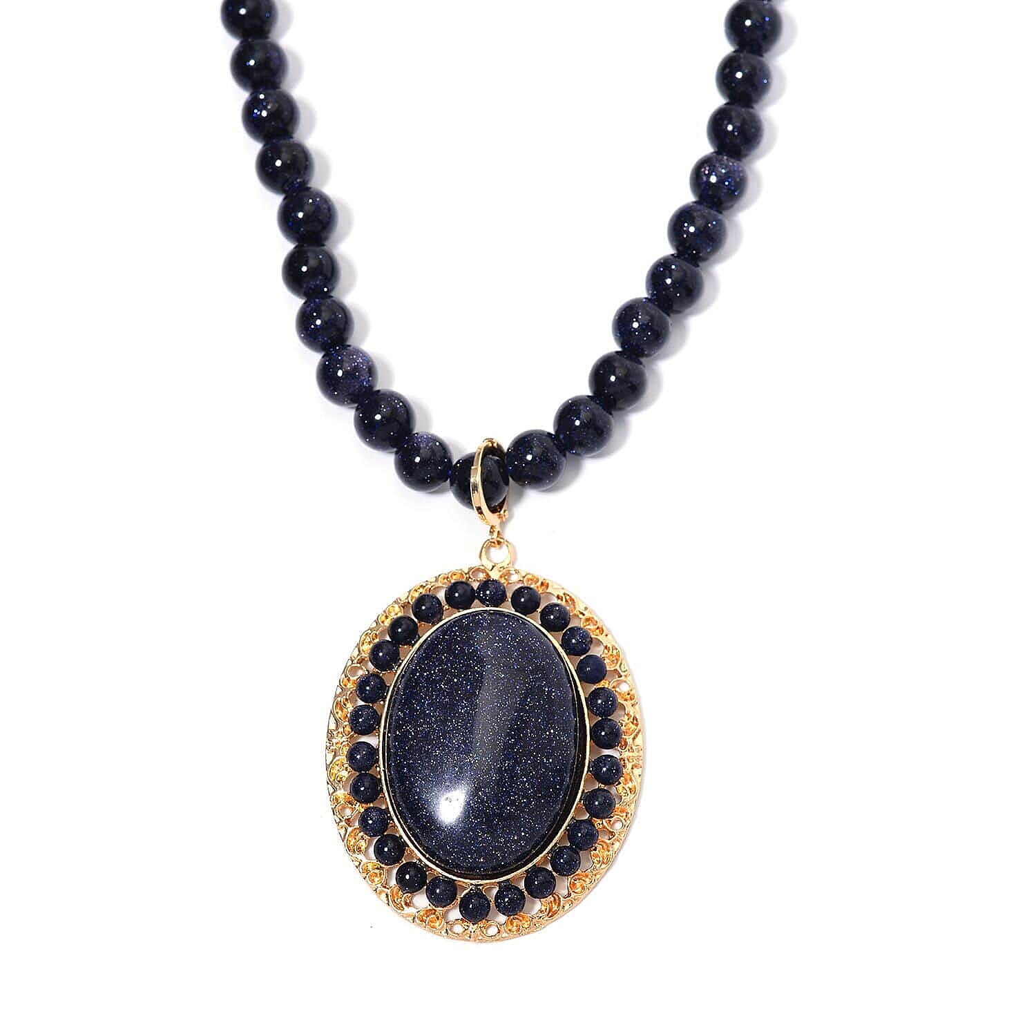 Blue Sandstone 268.05 ctw Halo Pendant with Beaded Necklace in Goldtone 18-20 Inches