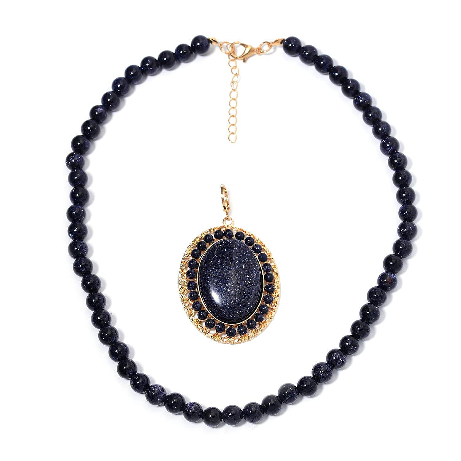 Blue Sandstone 268.05 ctw Halo Pendant with Beaded Necklace in Goldtone 18-20 Inches