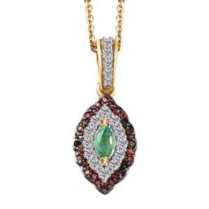 Boyaca Colombian Emerald, White and Brown Zircon 0.60 ctw Art Deco Pendant Necklace in 18K Vermeil Yellow Gold Over Sterling Silver 20 Inches