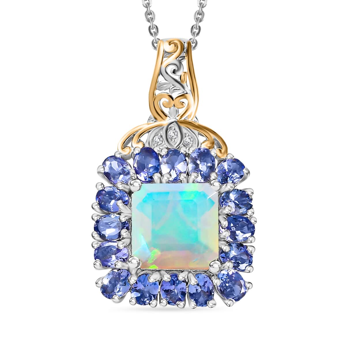 TLV Premium Ethiopian Welo Opal, Tanzanite, White Zircon Pendant Necklace (20 Inches) in Rhodium Over Sterling Silver 5.40 ctw image number 0