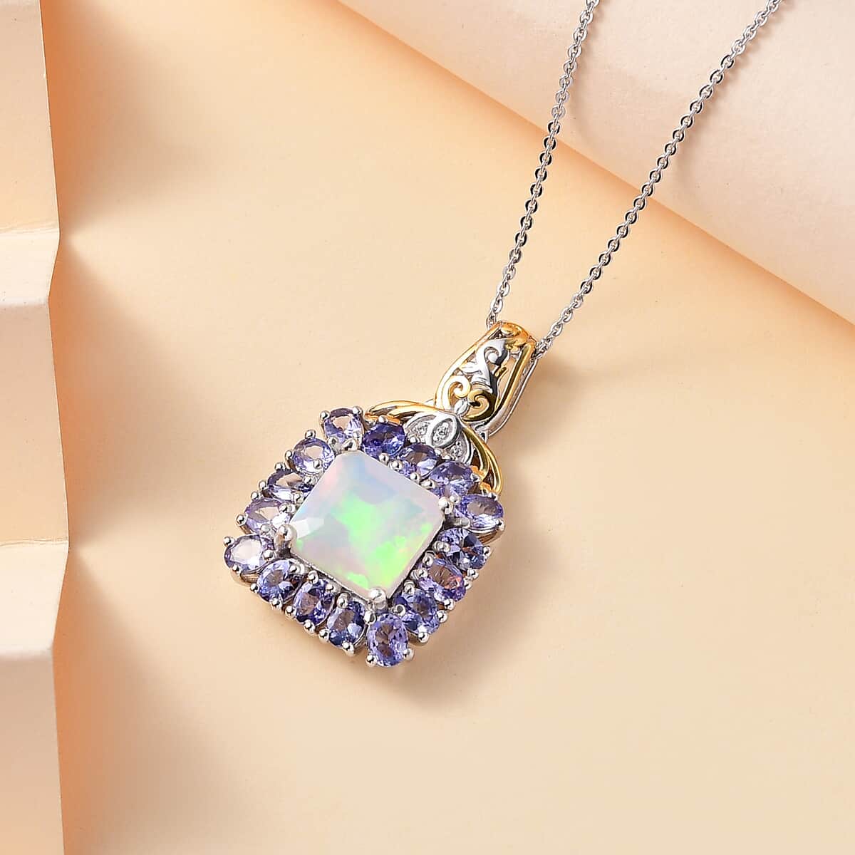 TLV Premium Ethiopian Welo Opal, Tanzanite, White Zircon Pendant Necklace (20 Inches) in Rhodium Over Sterling Silver 5.40 ctw image number 1