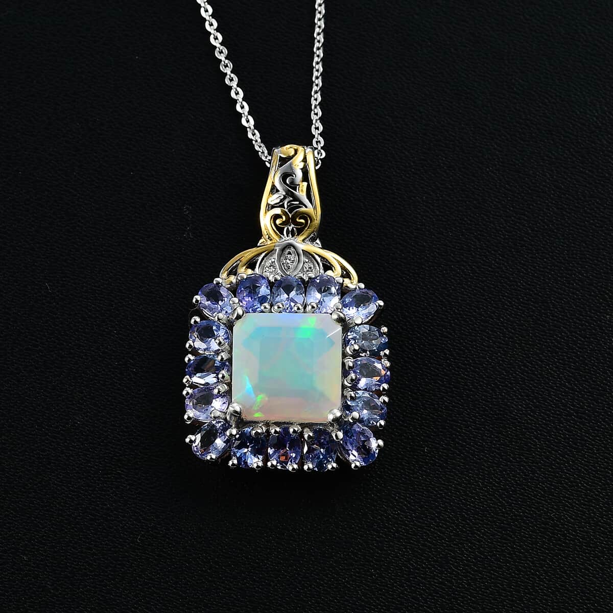 TLV Premium Ethiopian Welo Opal, Tanzanite, White Zircon Pendant Necklace (20 Inches) in Rhodium Over Sterling Silver 5.40 ctw image number 2