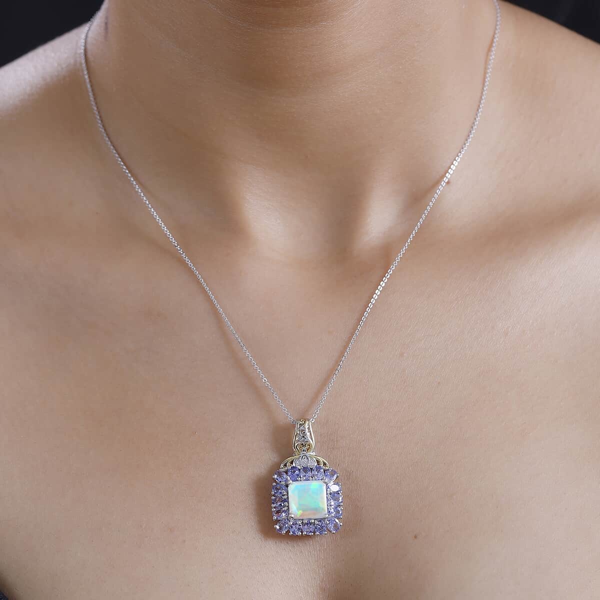 TLV Premium Ethiopian Welo Opal, Tanzanite, White Zircon Pendant Necklace (20 Inches) in Rhodium Over Sterling Silver 5.40 ctw image number 3