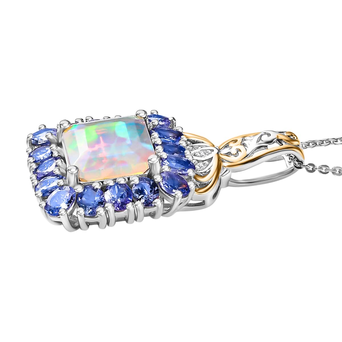 TLV Premium Ethiopian Welo Opal, Tanzanite, White Zircon Pendant Necklace (20 Inches) in Rhodium Over Sterling Silver 5.40 ctw image number 4