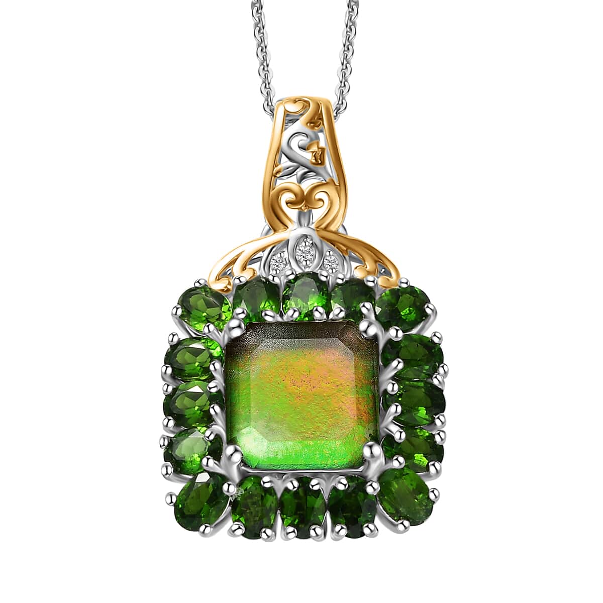 Premium Canadian Ammolite and Multi Gemstone 6.65 ctw Moonlit Garden Pendant Necklace in 18K Vermeil YG and Rhodium Over Sterling Silver 20 Inches image number 0