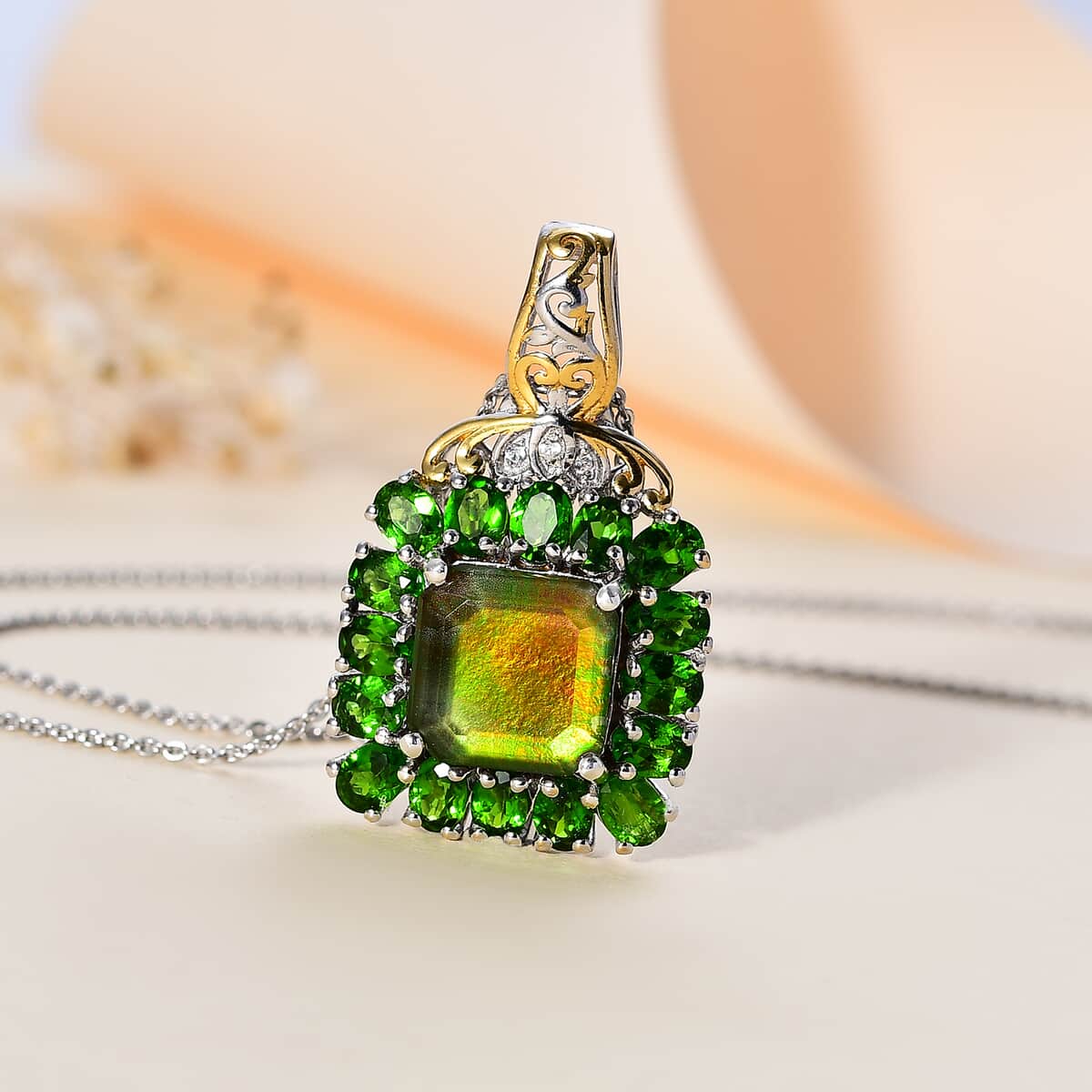 Premium Canadian Ammolite and Multi Gemstone 6.65 ctw Moonlit Garden Pendant Necklace in 18K Vermeil YG and Rhodium Over Sterling Silver 20 Inches image number 1