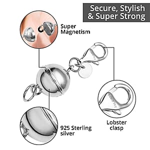 Set of 2 Rhodium Over Sterling Silver Magnetic Lock, Jewelry Lock with Lobster Clasp, Silver Jewelry Clasp, Round Magnetic Lock in Silver 2.50 Grams