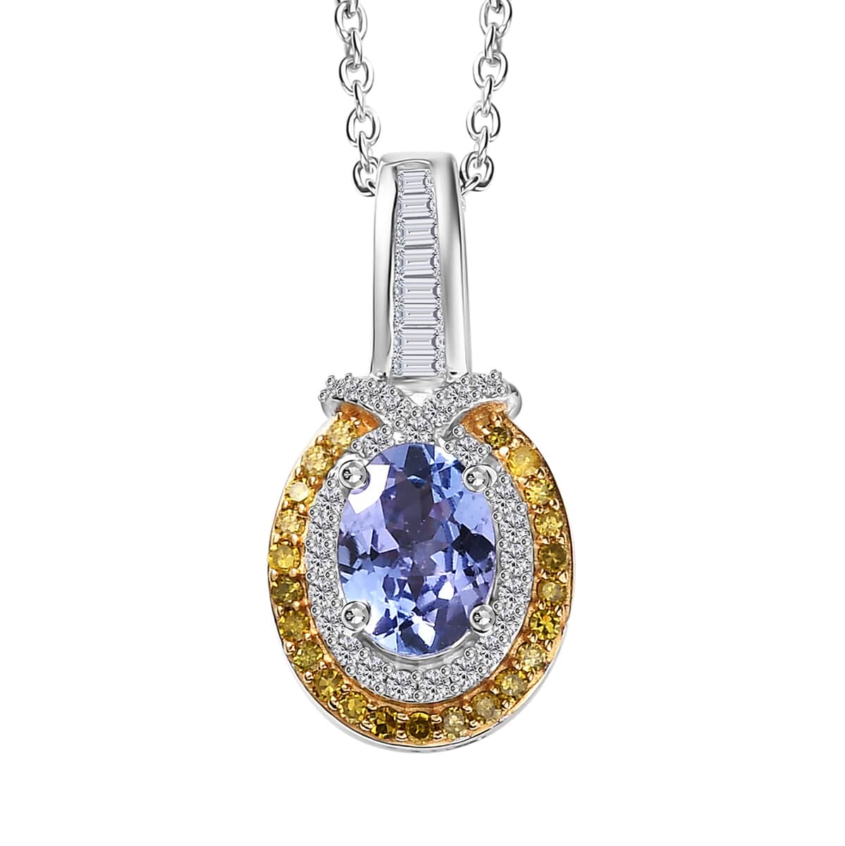 Tanzanite, Yellow and White Diamond 1.10 ctw Sun and Sea Waves Pendant Necklace in Rhodium Over Sterling Silver 20 Inches image number 0