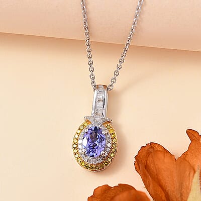Tanzanite, Yellow and White Diamond 1.10 ctw Sun and Sea Waves Pendant Necklace in Rhodium Over Sterling Silver 20 Inches