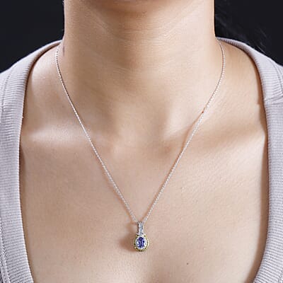 Tanzanite, Yellow and White Diamond 1.10 ctw Sun and Sea Waves Pendant Necklace in Rhodium Over Sterling Silver 20 Inches