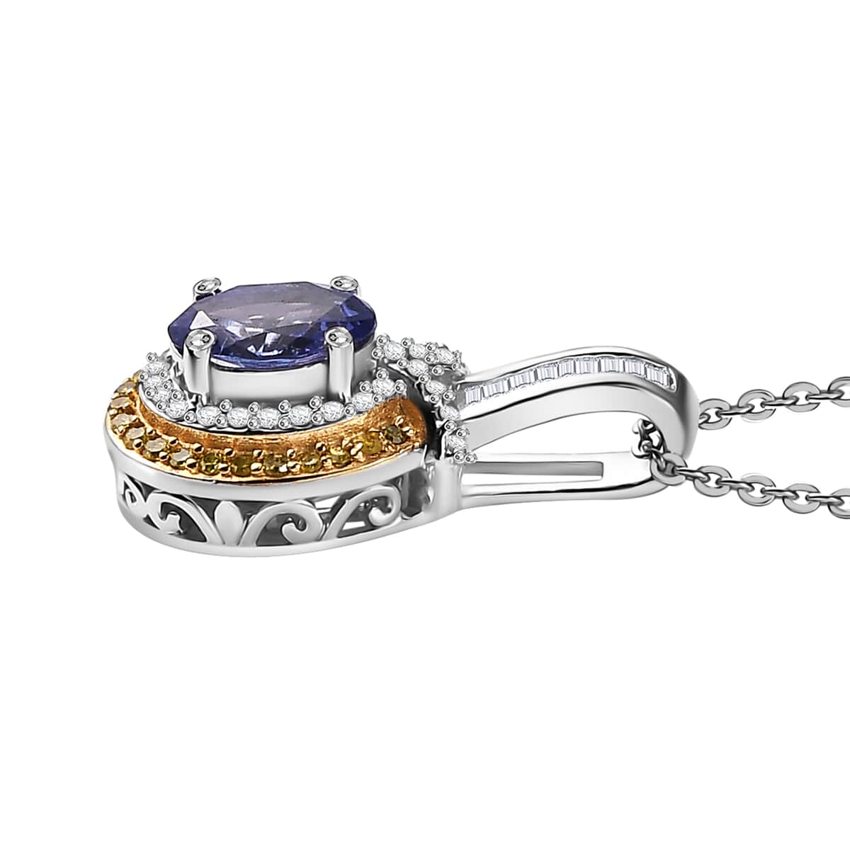 Tanzanite, Yellow and White Diamond 1.10 ctw Sun and Sea Waves Pendant Necklace in Rhodium Over Sterling Silver 20 Inches image number 3