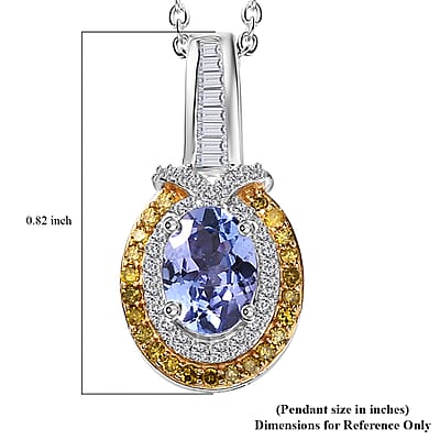 Tanzanite, Yellow and White Diamond 1.10 ctw Sun and Sea Waves Pendant Necklace in Rhodium Over Sterling Silver 20 Inches