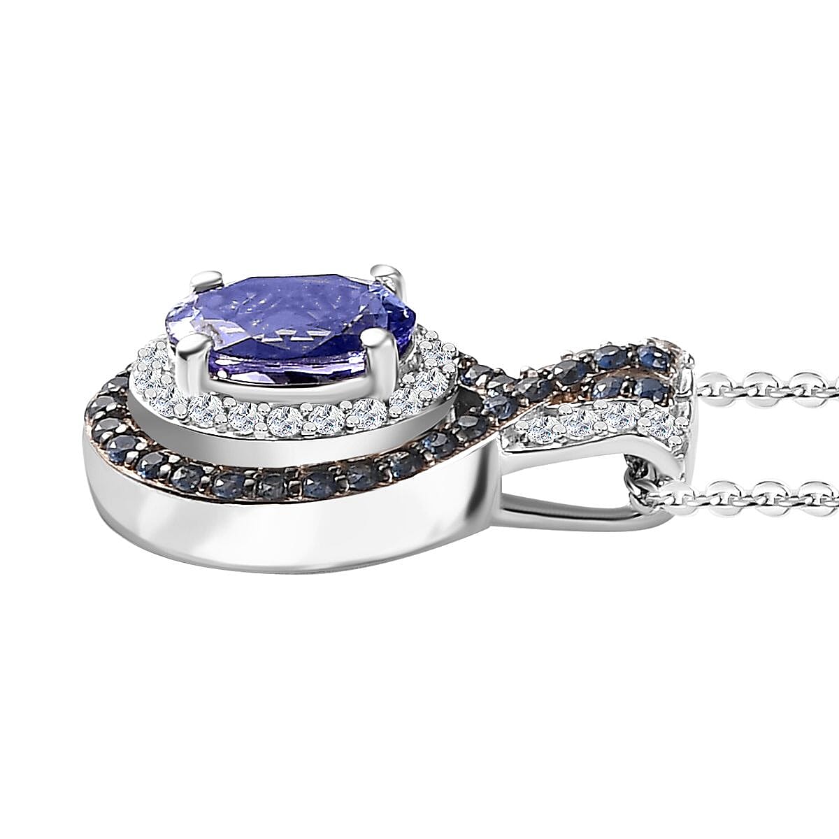 Tanzanite and Multi Gemstone 1.90 ctw Double Halo Pendant Necklace 20 Inches in Rhodium Over Sterling Silver