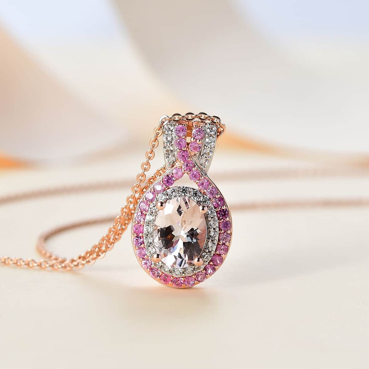 Marropino Morganite and Multi Gemstone 1.65 ctw Pendant Necklace 20 Inches in 18K Vermeil Rose Gold Over Sterling Silver image number 1