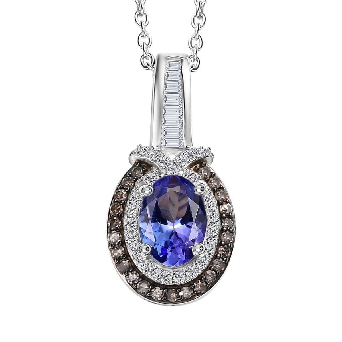 Tanzanite, Natural Champagne and White Diamond 1.10 ctw Sun and Sea Waves Pendant Necklace in Rhodium Over Sterling Silver 20 Inches image number 0