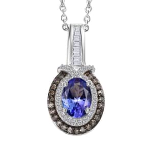 Tanzanite, Natural Champagne and White Diamond 1.10 ctw Sun and Sea Waves Pendant Necklace in Rhodium Over Sterling Silver 20 Inches