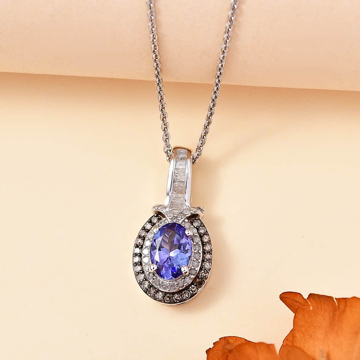 Tanzanite, Natural Champagne and White Diamond 1.10 ctw Sun and Sea Waves Pendant Necklace in Rhodium Over Sterling Silver 20 Inches image number 1