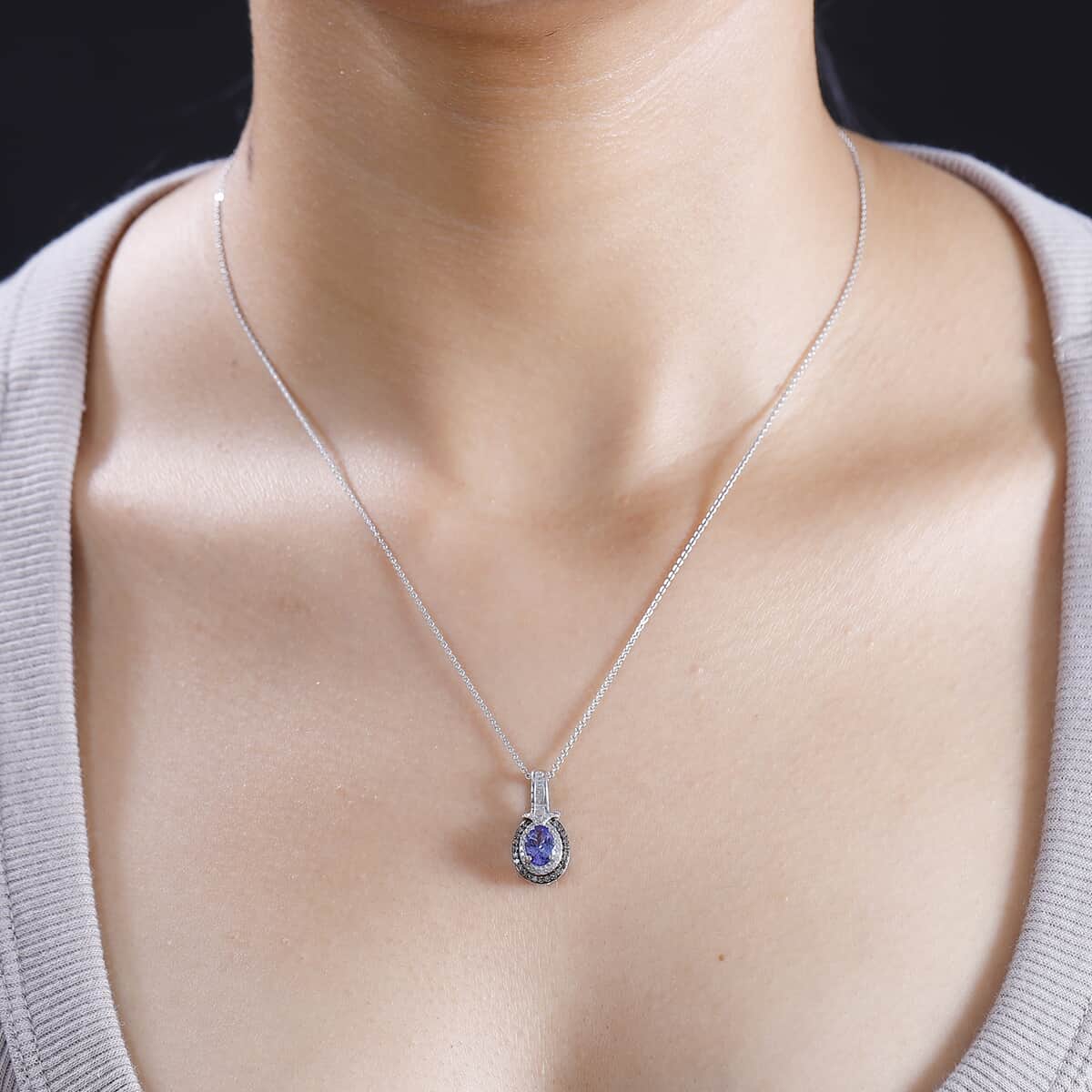 Tanzanite, Natural Champagne and White Diamond 1.10 ctw Sun and Sea Waves Pendant Necklace in Rhodium Over Sterling Silver 20 Inches image number 2