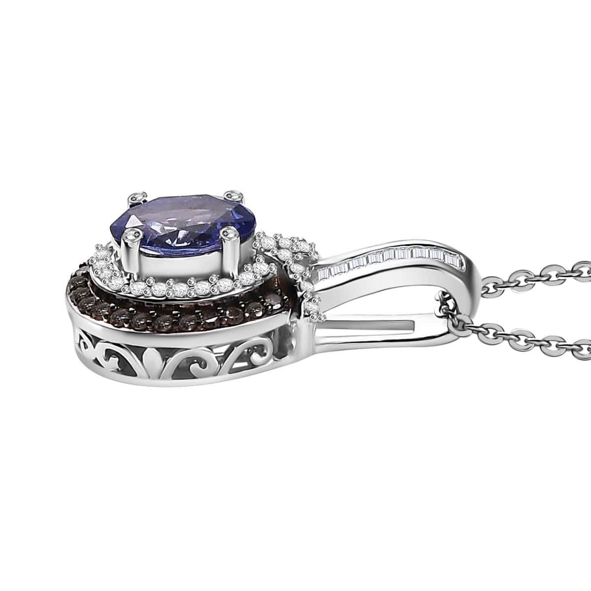 Tanzanite, Natural Champagne and White Diamond 1.10 ctw Sun and Sea Waves Pendant Necklace in Rhodium Over Sterling Silver 20 Inches image number 3