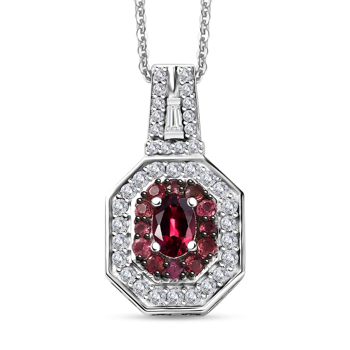 Ouro Fino Rubellite and Moissanite 1.50 ctw Art Deco Pendant Necklace in Rhodium Over Sterling Silver 20 Inches image number 0