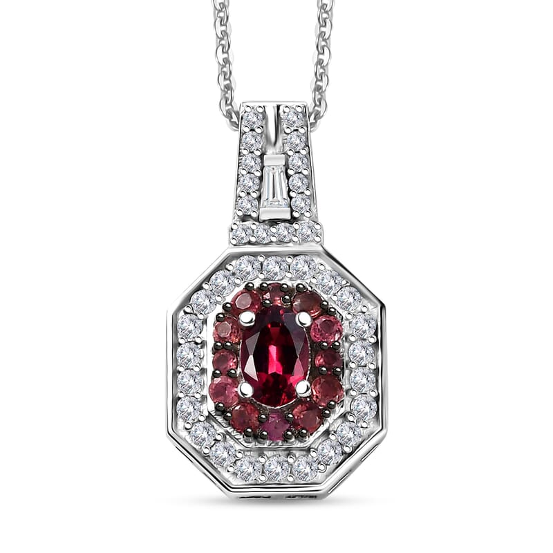 D'Joy Ouro Fino Rubellite and Moissanite 1.30 ctw Art Deco Pendant Necklace in Rhodium Over Sterling Silver 20 Inches