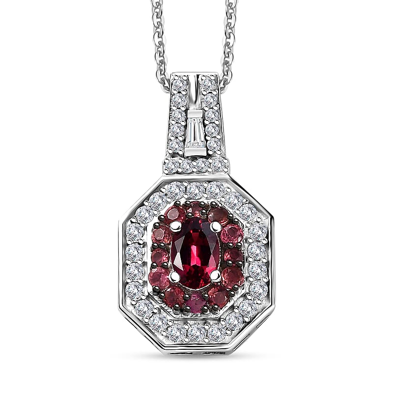 D'Joy Ouro Fino Rubellite and Moissanite 1.30 ctw Art Deco Pendant Necklace in Rhodium Over Sterling Silver 20 Inches