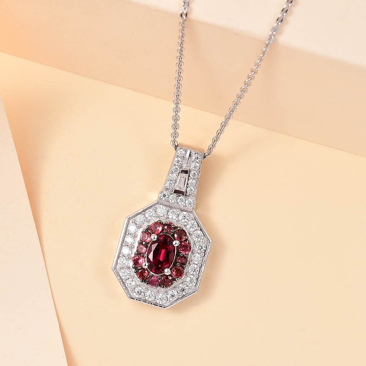 Ofiki Rubellite and Moissanite 1.50 ctw Pendant Necklace in Rhodium Over Sterling Silver 20 Inches image number 1