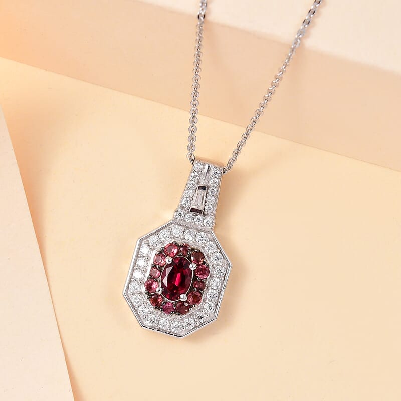 D'Joy Ouro Fino Rubellite and Moissanite 1.30 ctw Art Deco Pendant Necklace in Rhodium Over Sterling Silver 20 Inches