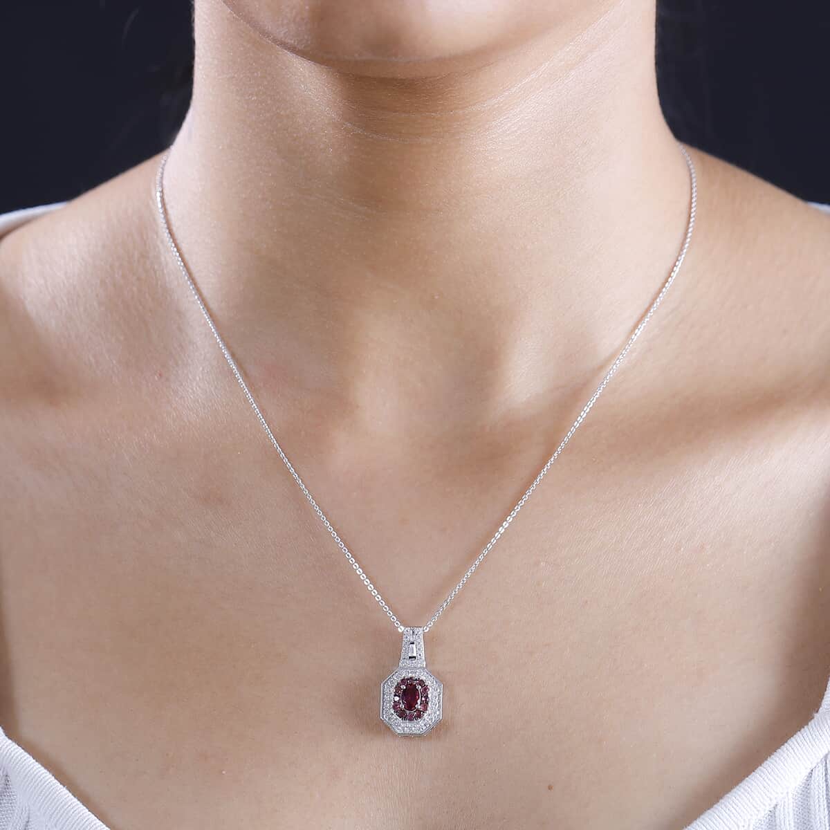 Ofiki Rubellite and Moissanite 1.50 ctw Pendant Necklace in Rhodium Over Sterling Silver 20 Inches image number 2