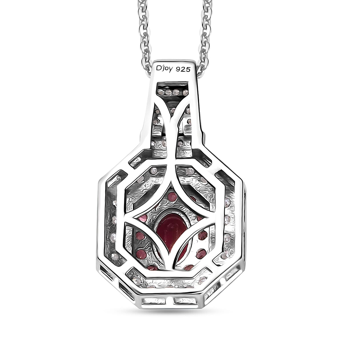  D'Joy Ouro Fino Rubellite and Moissanite 1.30 ctw Art Deco Pendant Necklace in Rhodium Over Sterling Silver 20 Inches