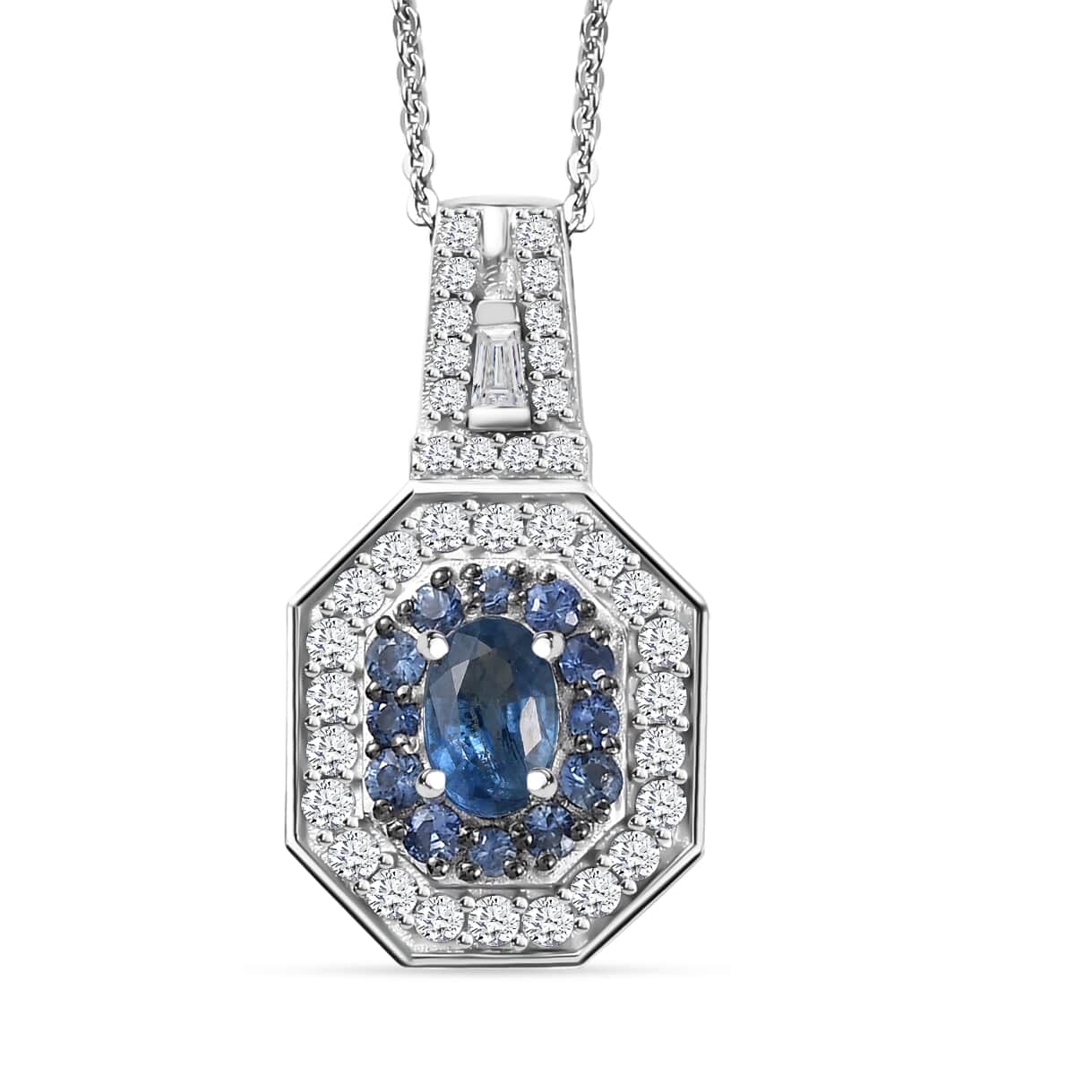 Ceylon Blue Sapphire and Moissanite 1.50 ctw Art Deco Pendant Necklace in Rhodium Over Sterling Silver 20 Inches image number 0