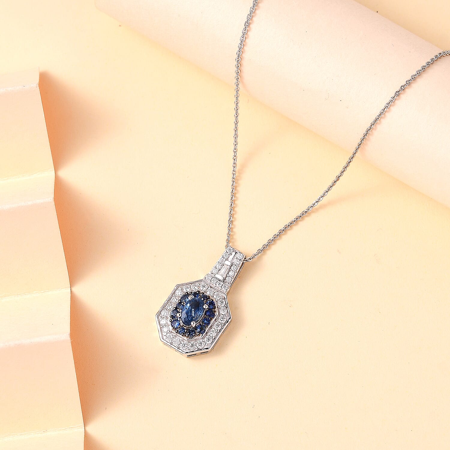 D'Joy Ceylon Blue Sapphire and Moissanite 1.50 ctw Art Deco Pendant Necklace in Rhodium Over Sterling Silver 20 Inches