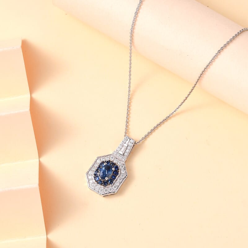 D'Joy Ceylon Blue Sapphire and Moissanite 1.50 ctw Art Deco Pendant Necklace in Rhodium Over Sterling Silver 20 Inches