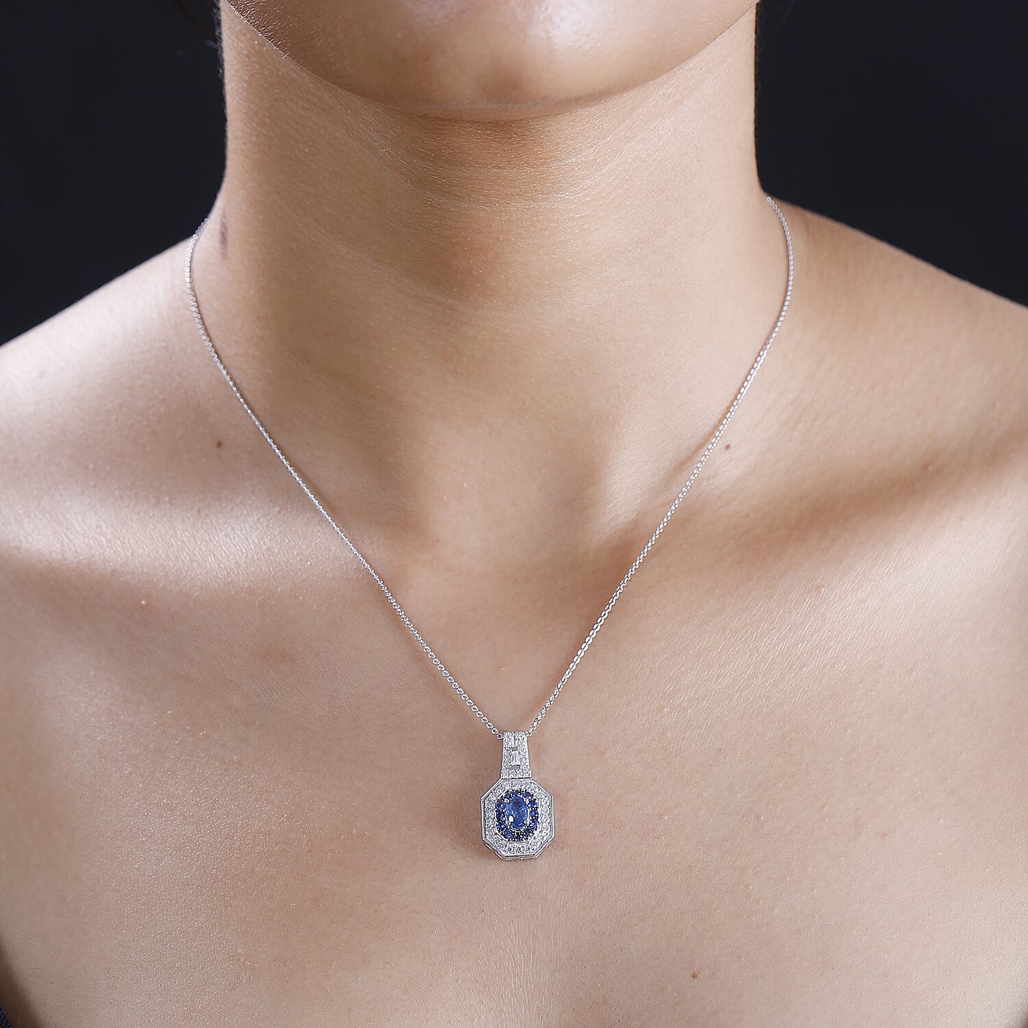 D'Joy Ceylon Blue Sapphire and Moissanite 1.50 ctw Art Deco Pendant Necklace in Rhodium Over Sterling Silver 20 Inches