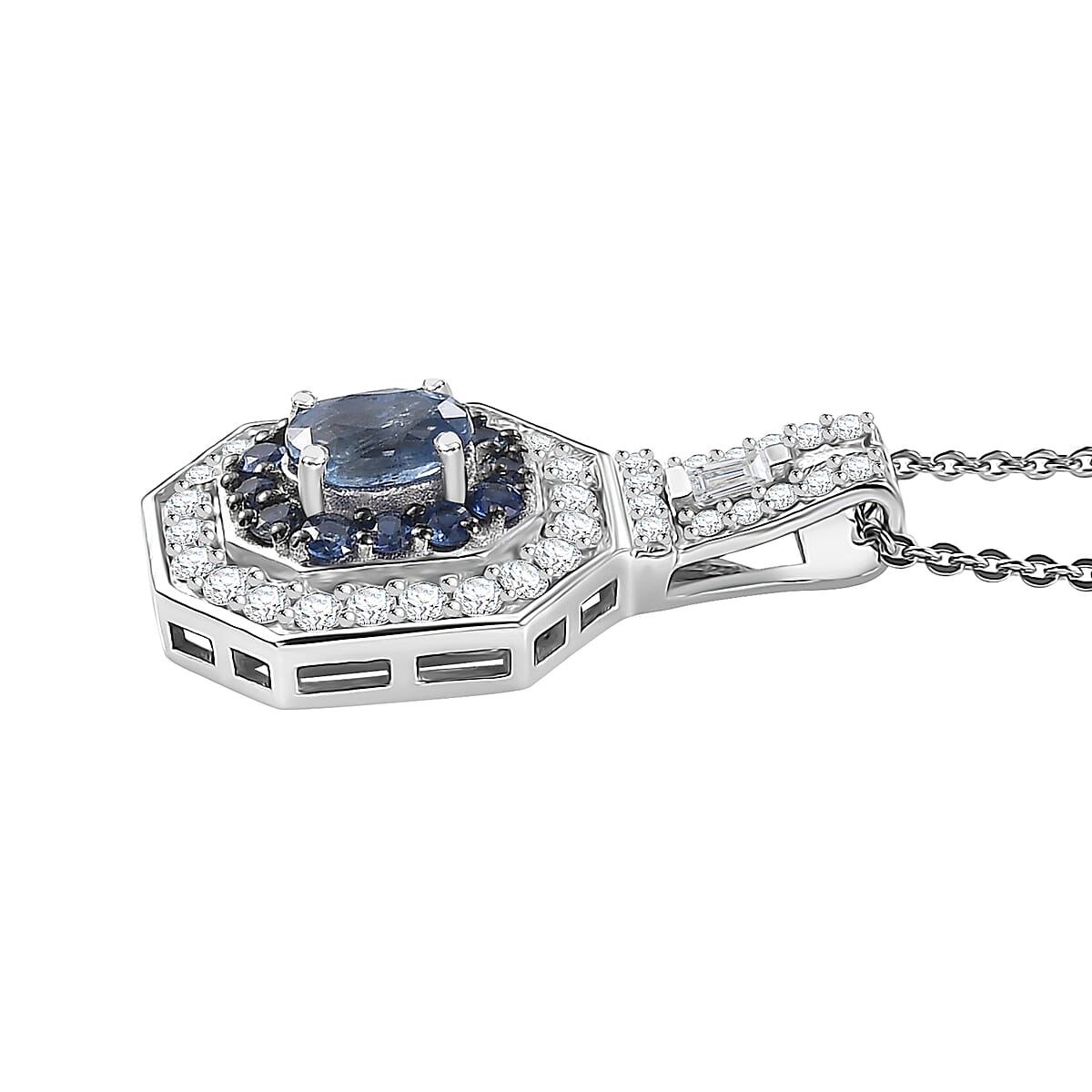 D'Joy Ceylon Blue Sapphire and Moissanite 1.50 ctw Art Deco Pendant Necklace in Rhodium Over Sterling Silver 20 Inches