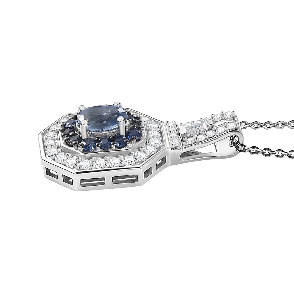 Ceylon Blue Sapphire and Moissanite 1.50 ctw Art Deco Pendant Necklace in Rhodium Over Sterling Silver 20 Inches image number 3