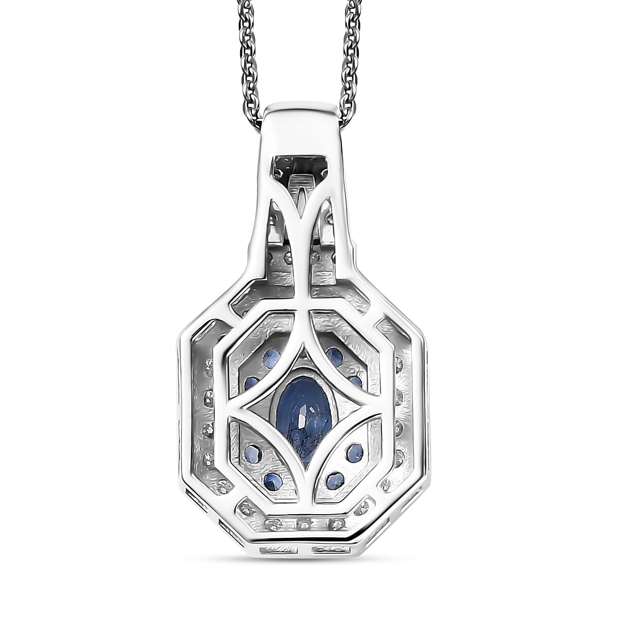 D'Joy Ceylon Blue Sapphire and Moissanite 1.50 ctw Art Deco Pendant Necklace in Rhodium Over Sterling Silver 20 Inches