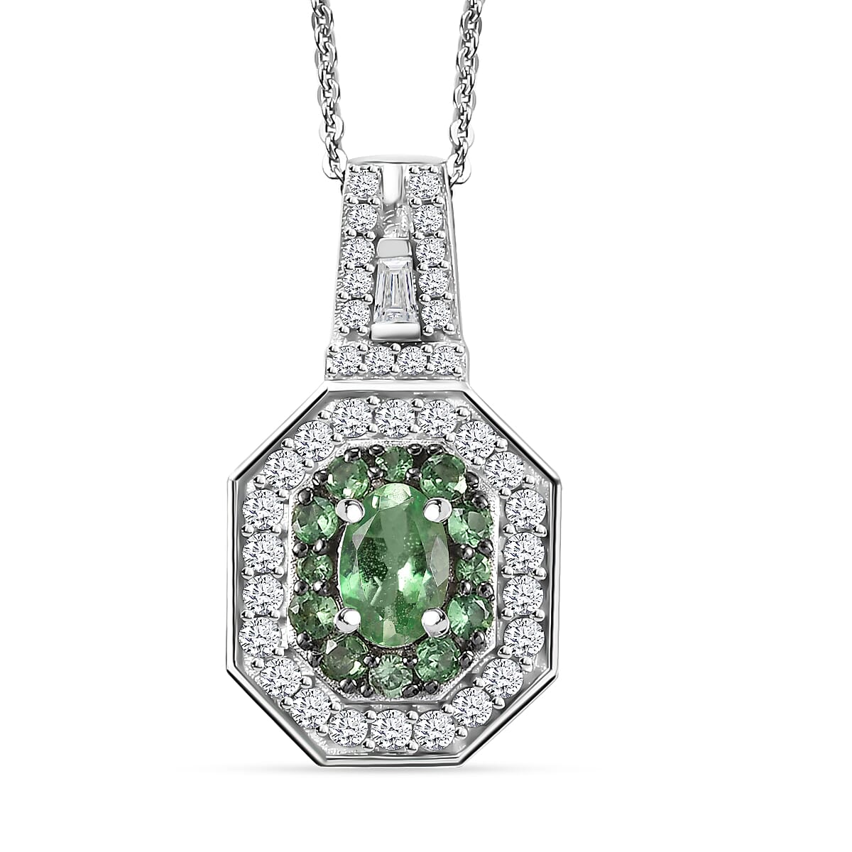 Tsavorite Garnet and Moissanite 1.40 ctw Art Deco Pendant Necklace in Rhodium Over Sterling Silver 20 Inches image number 0
