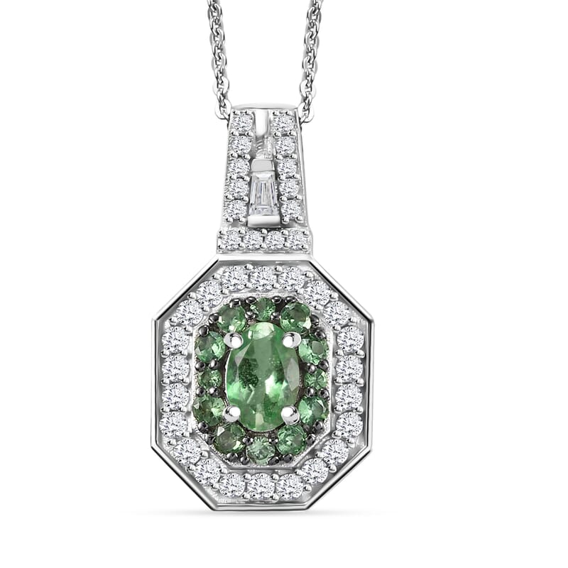  D'Joy Mint Tsavorite Garnet and Moissanite 1.35 ctw Art Deco Pendant Necklace in Rhodium Over Sterling Silver 20 Inches