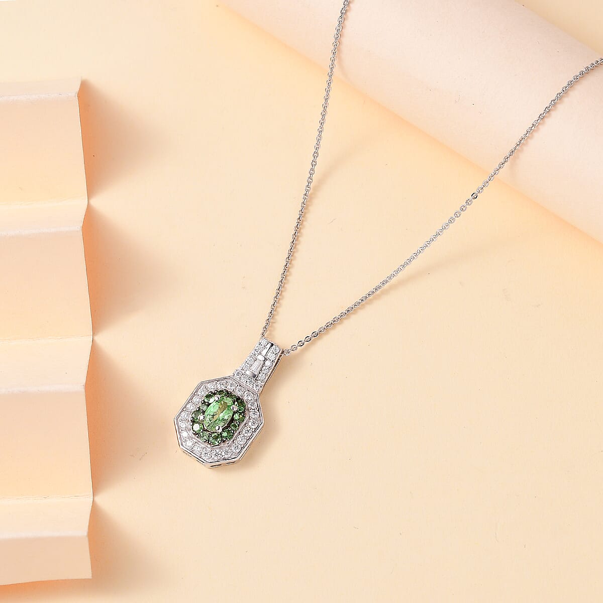 Tsavorite Garnet and Moissanite 1.40 ctw Art Deco Pendant Necklace in Rhodium Over Sterling Silver 20 Inches image number 1