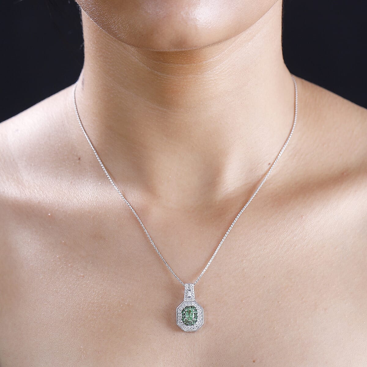 Tsavorite Garnet and Moissanite 1.40 ctw Art Deco Pendant Necklace in Rhodium Over Sterling Silver 20 Inches image number 2