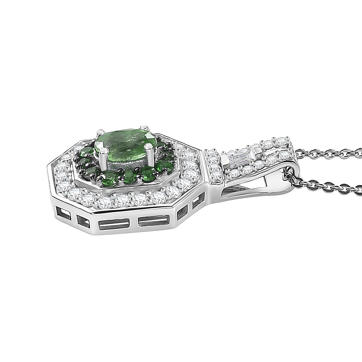 Tsavorite Garnet and Moissanite 1.40 ctw Art Deco Pendant Necklace in Rhodium Over Sterling Silver 20 Inches image number 3