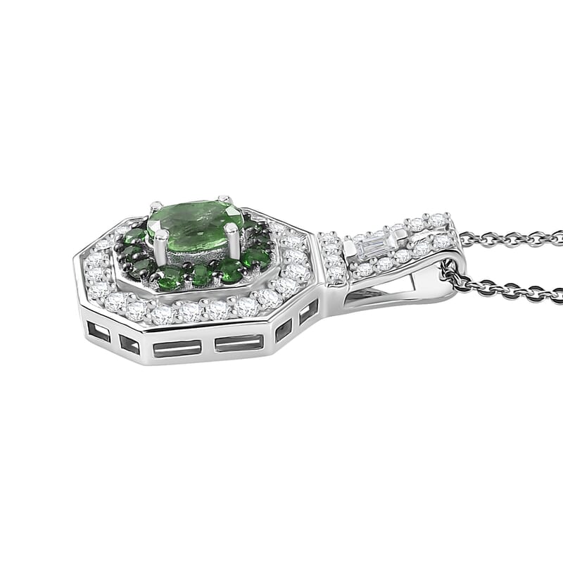  D'Joy Mint Tsavorite Garnet and Moissanite 1.35 ctw Art Deco Pendant Necklace in Rhodium Over Sterling Silver 20 Inches