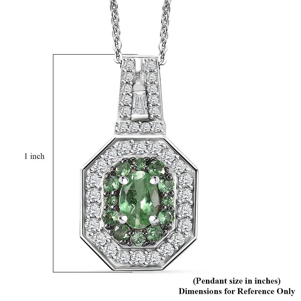  D'Joy Mint Tsavorite Garnet and Moissanite 1.35 ctw Art Deco Pendant Necklace in Rhodium Over Sterling Silver 20 Inches