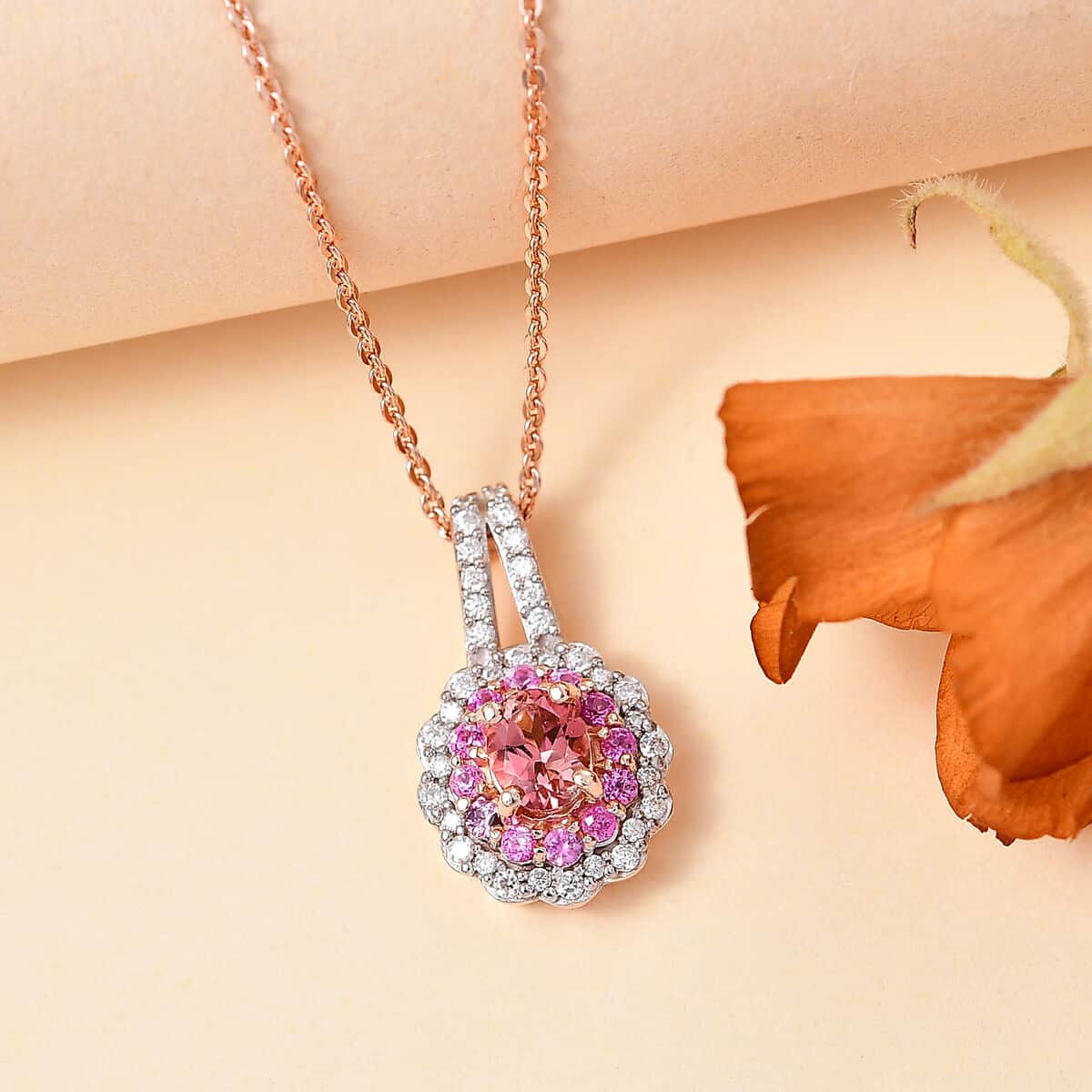 Premium Blush Tourmaline and Multi Gemstone 0.85 ctw Floral Pendant Necklace in 18K Vermeil Rose Gold Over Sterling Silver 20 Inches image number 1