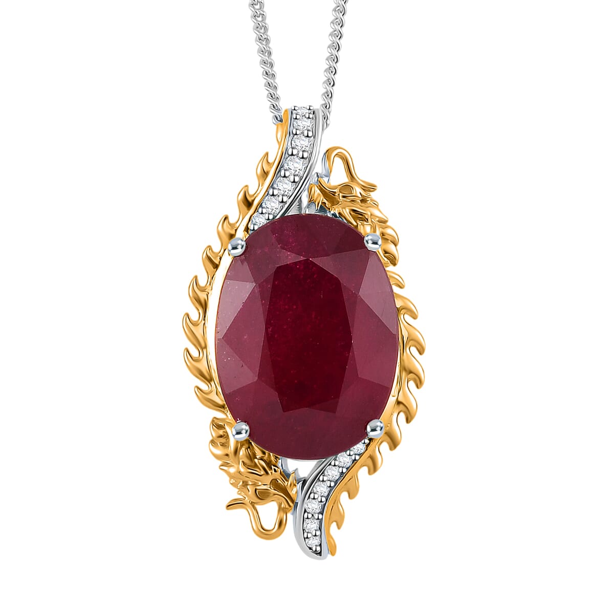Niassa Ruby (FF) and Moissanite 14.80 ctw Double Dragon Pendant Necklace in 18K Vermeil YG and Rhodium Over Sterling Silver 18 Inches image number 0