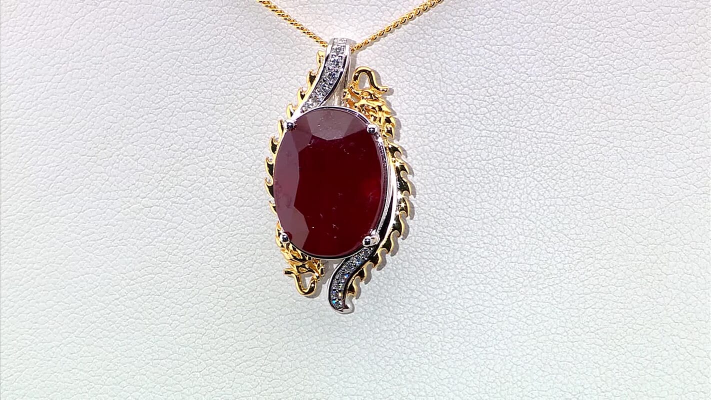Niassa Ruby (FF), Moissanite Dragon Pendant Necklace (18 Inches) in 18K Vermeil YG and Rhodium Over Sterling Silver 14.80 ctw