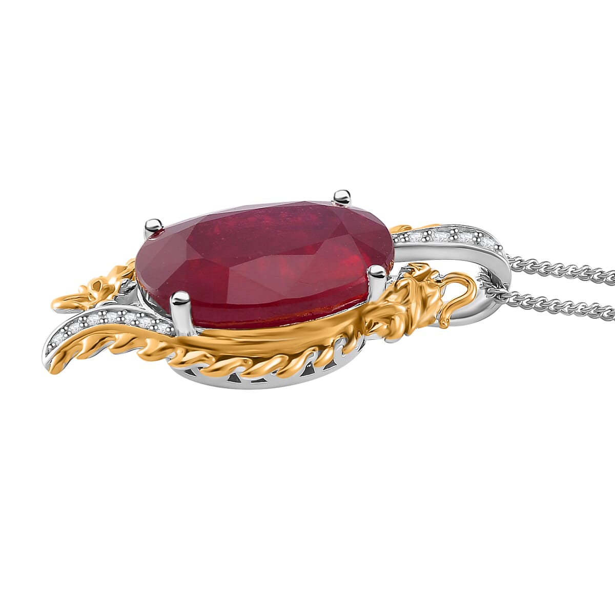 Niassa Ruby (FF) and Moissanite 14.80 ctw Double Dragon Pendant Necklace in 18K Vermeil YG and Rhodium Over Sterling Silver 18 Inches image number 2