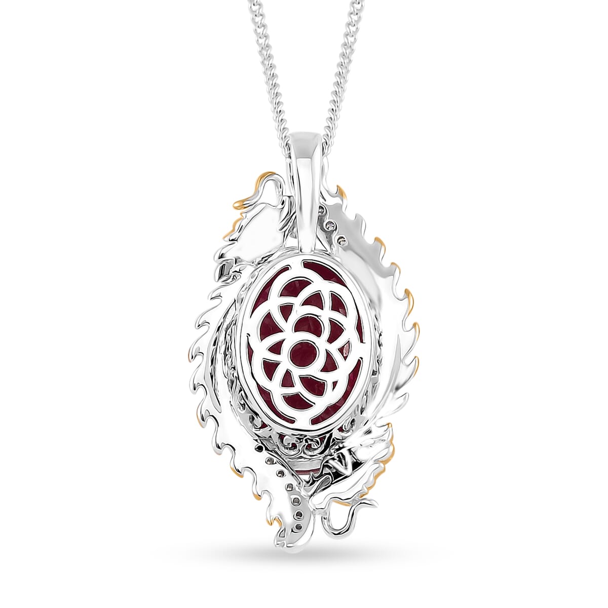 Niassa Ruby (FF) and Moissanite 14.80 ctw Double Dragon Pendant Necklace in 18K Vermeil YG and Rhodium Over Sterling Silver 18 Inches image number 3